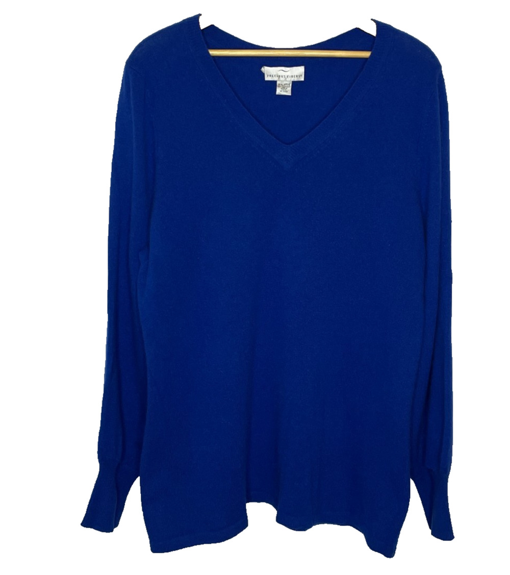 Women's XL Vtg Precious Fibers 100% Cashmere Electric Blue V-Neck Sweater